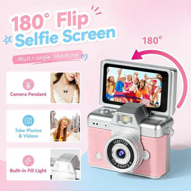 Alt view image 4 of 7 - Mini Flip Screen Digital Camera, 1.47 Inch Pocket Retro Camera with USB-C Charging, 1080P/720P Video, MicroSD Support Up to 128GB, Portable Keychain Camera (Pink)