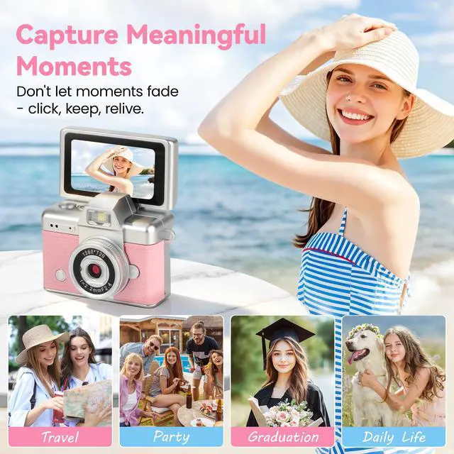 Alt view image 7 of 7 - Mini Flip Screen Digital Camera, 1.47 Inch Pocket Retro Camera with USB-C Charging, 1080P/720P Video, MicroSD Support Up to 128GB, Portable Keychain Camera (Pink)