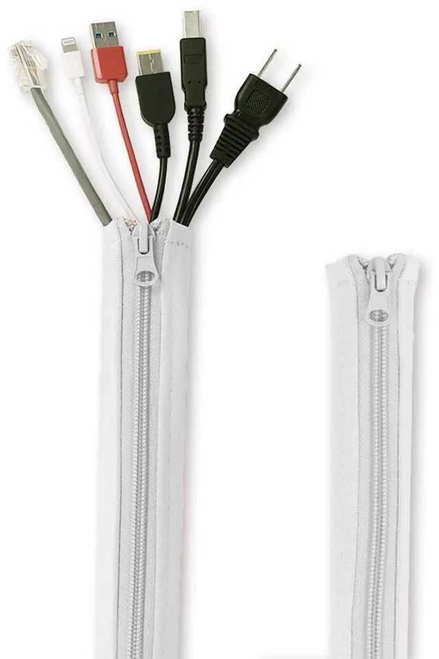Main image of Cable Management Sleeve with Zip-up 39 Inches, 2 Pieces -White | Durable Adjustable Cord Sleeve Wire Cover Concealer Wrap Protect Cables from Pets Chewing for Computer, TV