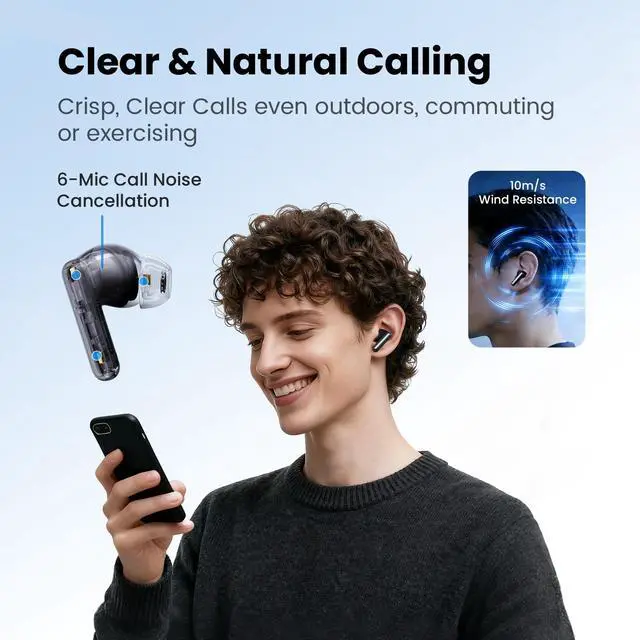 Alt view image 4 of 7 - Flowbuds N55 ANC Wireless Earbuds, Bluetooth 6.0, 6 HD Mics, 40H | 54dB Adaptive ANC, 6 HD Mics for Calls, Hi-Res Audio LDAC, IPX5 Water Resistance, Custom EQ App, In-Ear Detection