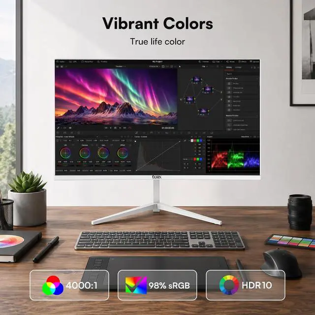 Alt view image 5 of 7 - 24 Inch White Computer Monitor, FHD 1080P, 100Hz | Frameless PC Monitor, Built-in Speaker, 98% sRGB, FreeSync, Eye Care, 4000:1 Contrast Ratio, HDMI & DP, VESA Mountable