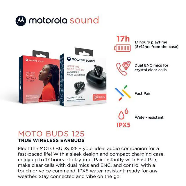 Alt view image 2 of 7 - Moto Buds 125 True Wireless Earbuds, IPX5 Waterproof Sweatproof Touch Control Ear Buds with Dual Noise Cancelling Microphone, Charging Case, Black