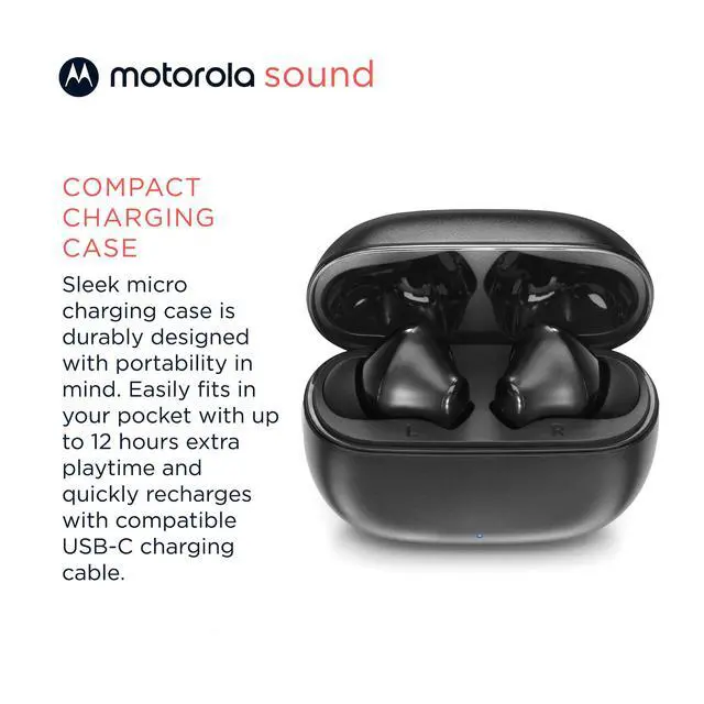 Alt view image 6 of 7 - Moto Buds 125 True Wireless Earbuds, IPX5 Waterproof Sweatproof Touch Control Ear Buds with Dual Noise Cancelling Microphone, Charging Case, Black
