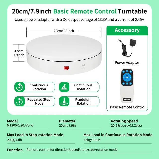 Alt view image 2 of 7 - Remote-Controlled Motorized Electric Turntable,Rotating Display Stand,Speed-Adjustable Rotating Turntable,Multi-Mode 360° Photography Turntable for 3D Scan,Photography,Showcase(7.87inch/White)