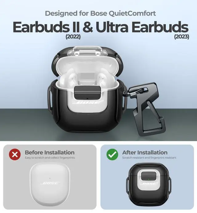 Alt view image 2 of 7 - for Bose QuietComfort Earbuds II Case (2022) & Bose QuietComfort Ultra Earbuds (2023) & Ultra Earbuds 2nd Gen(2025), Secure Lock Clip Shockproof Protective Cover with Carabiner & Keyring Black