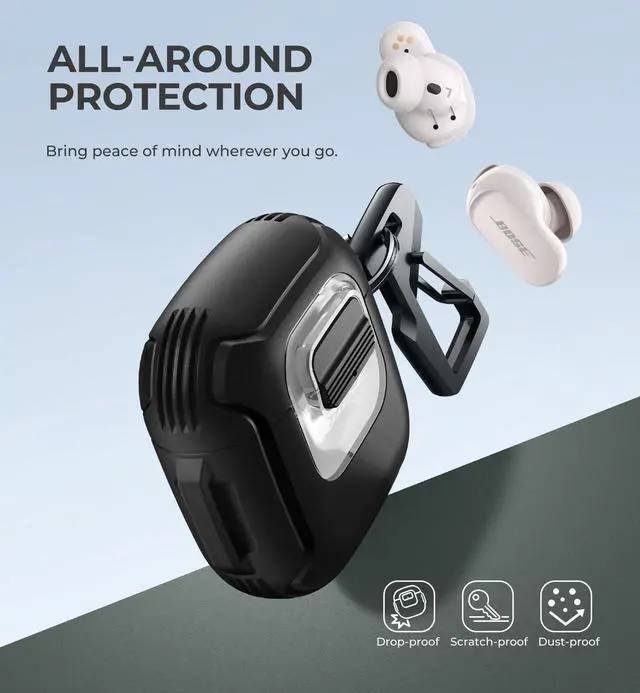 Alt view image 3 of 7 - for Bose QuietComfort Earbuds II Case (2022) & Bose QuietComfort Ultra Earbuds (2023) & Ultra Earbuds 2nd Gen(2025), Secure Lock Clip Shockproof Protective Cover with Carabiner & Keyring Black