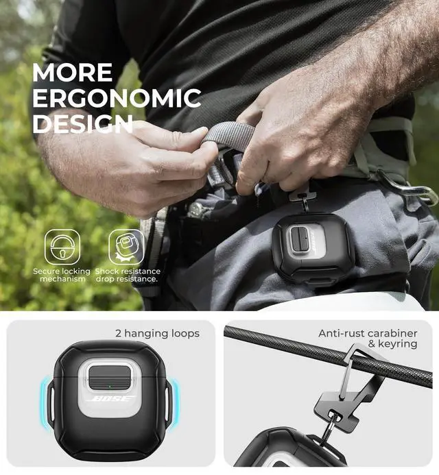 Alt view image 6 of 7 - for Bose QuietComfort Earbuds II Case (2022) & Bose QuietComfort Ultra Earbuds (2023) & Ultra Earbuds 2nd Gen(2025), Secure Lock Clip Shockproof Protective Cover with Carabiner & Keyring Black