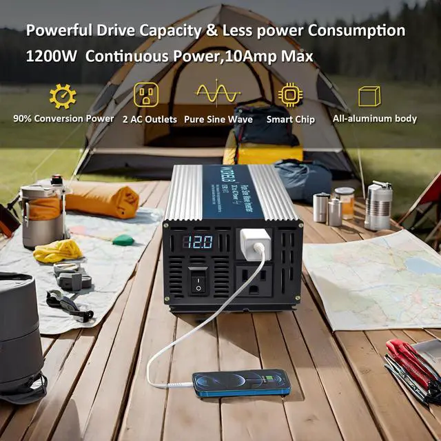 Alt view image 2 of 7 - 1000W Pure Sine Wave Inverter 12V DC to 110V 120V AC Power Converter with LED Display, Off-Grid Portable Power Inverter with 2 AC Outlets for Home, RV, Truck, Camping
