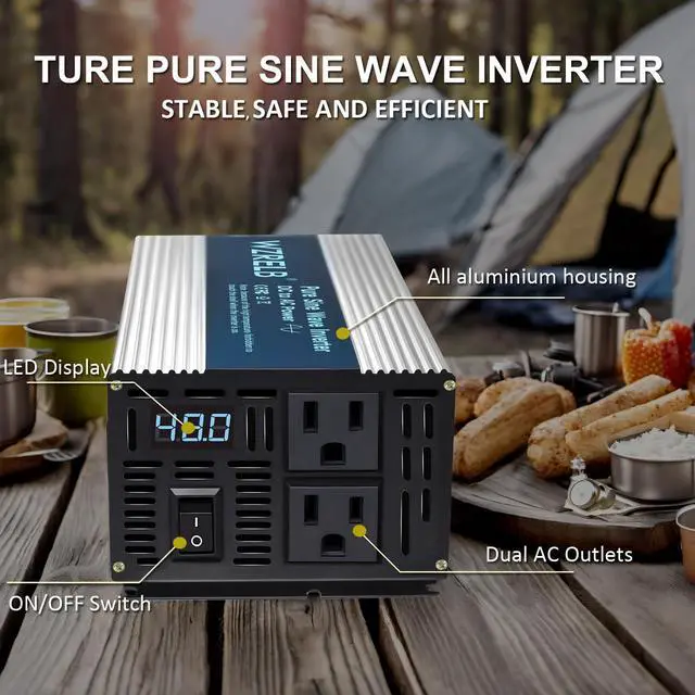 Alt view image 3 of 7 - 1000W Pure Sine Wave Inverter 12V DC to 110V 120V AC Power Converter with LED Display, Off-Grid Portable Power Inverter with 2 AC Outlets for Home, RV, Truck, Camping