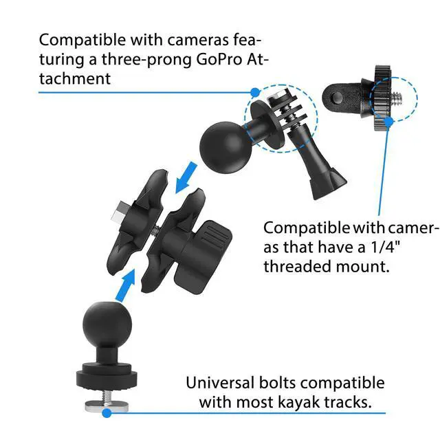 Alt view image 3 of 5 - Universal Kayak Action Camera Mount 360 Degree Adjustable Kayak Rail Track Camera Holder Compatible with GoPro Three-Prong Mounts