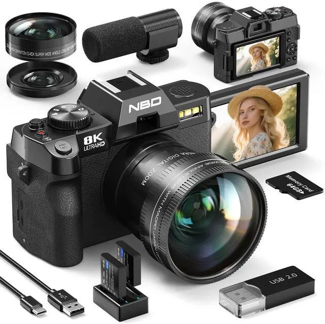 Main image of 8K Digital Camera 64MP with WiFi & 180° Flip Screen, F1.8 Lens 16X Zoom Vlogging Camera for YouTube, Dual Battery 200Mins Recording, External Mic, 64GB TF Card for Beginners Travel (Black)