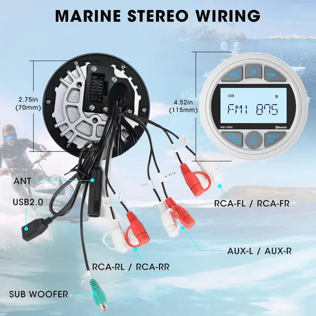 Alt view image 6 of 7 - Bluetooth Marine Stereo Receiver: Waterproof Gauge Radio System - Digital MP3 Player 2.8 Inch LCD Display AM FM USB AUX Subwoofer for Boat ATV UTV Off-Road Vehicles