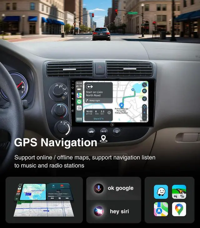 Alt view image 4 of 7 - 9 inch Touchscreen Car Stereo Radio for Honda Civic 2001 2002 2003 2004 2005 with Wireless CarPlay Android Auto 2G+32G Bluetooth GPS Navigation WiFi FM AM HD Backup Camera Mic