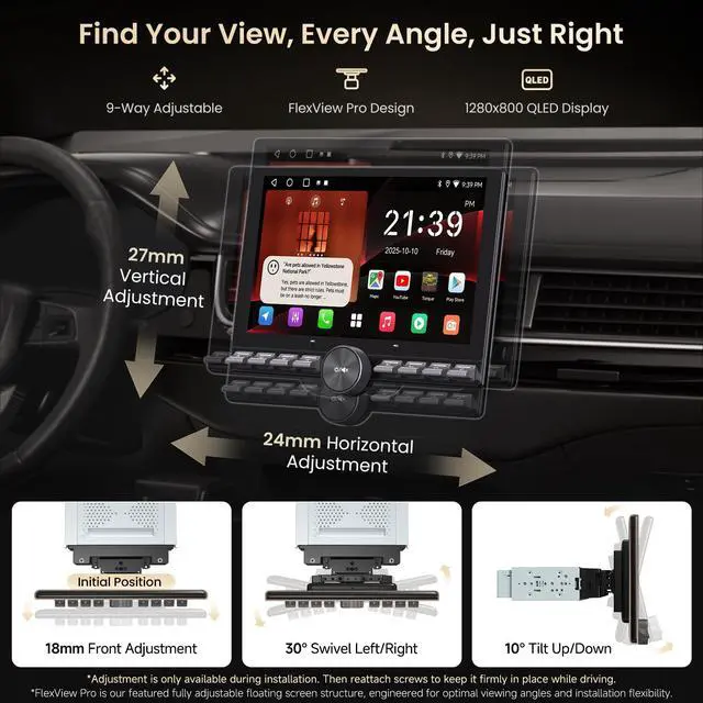 Alt view image 2 of 7 - Single/Double Din Car Stereo - 10.1" QLED Floating Touchscreen w/Button, Wireless CarPlay/Android Auto, Wi-Fi/BT/USB Tethering, AI/DSP/RCA/GPS/Dual-HDMI, Spilt-Screen/MirrorLink,2GB+32GB