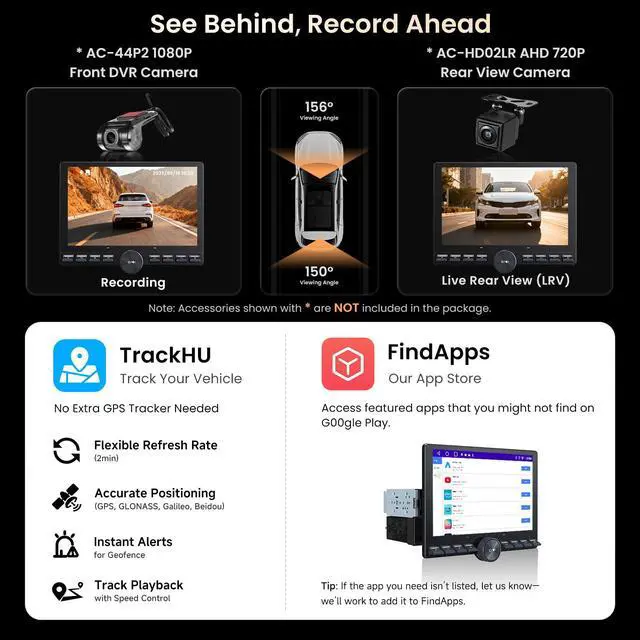 Alt view image 7 of 7 - Single/Double Din Car Stereo - 10.1" QLED Floating Touchscreen w/Button, Wireless CarPlay/Android Auto, Wi-Fi/BT/USB Tethering, AI/DSP/RCA/GPS/Dual-HDMI, Spilt-Screen/MirrorLink,2GB+32GB