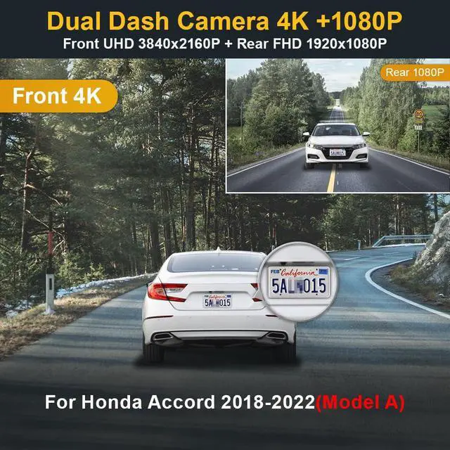Alt view image 2 of 7 - Front 4K+Rear 1080P Dash Cam Adapts for Honda Accord 2018-2022 Hybrid (Model A), OEM Factory Look, 2 Way HD Video, Built-in WiFi & APP, Loop Recording, G-Sensor, Easy to Use, 128GB Card