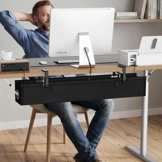Alt view image 2 of 7 - Under Desk Cable Management Tray 36", No Drill Cord Organizer, Black | Heavy Duty, Large Capacity, 3-Level Clamp Fit 0"-2.5" Desks, Clamp/Screw Mount, for Home, Office, Gaming, Room, Studio