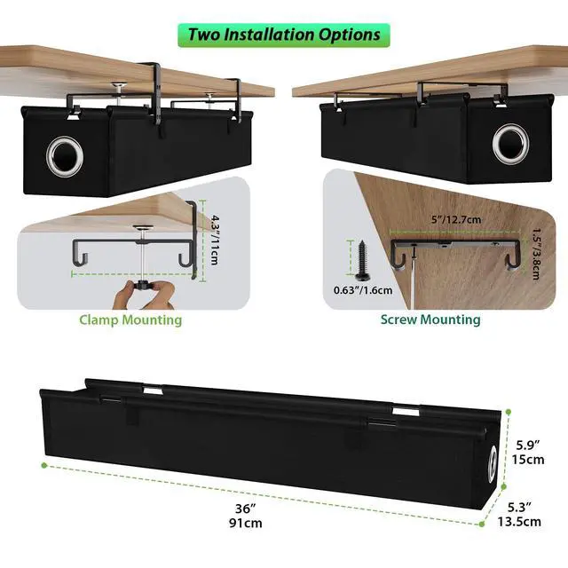 Alt view image 4 of 7 - Under Desk Cable Management Tray 36", No Drill Cord Organizer, Black | Heavy Duty, Large Capacity, 3-Level Clamp Fit 0"-2.5" Desks, Clamp/Screw Mount, for Home, Office, Gaming, Room, Studio