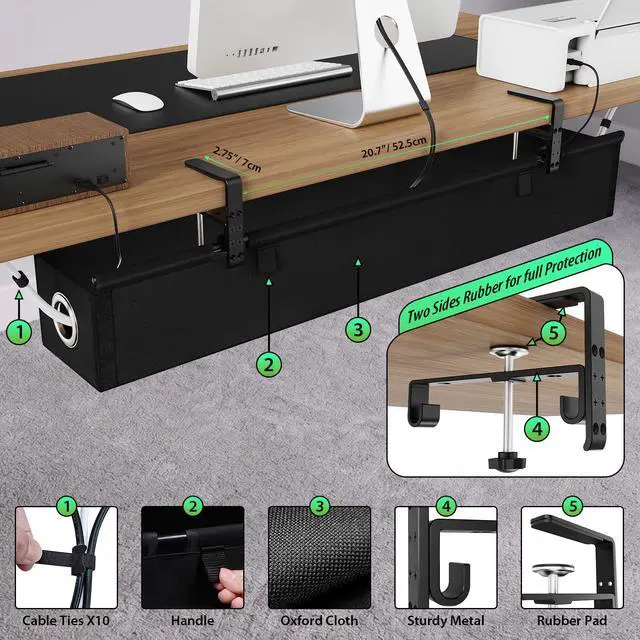 Alt view image 5 of 7 - Under Desk Cable Management Tray 36", No Drill Cord Organizer, Black | Heavy Duty, Large Capacity, 3-Level Clamp Fit 0"-2.5" Desks, Clamp/Screw Mount, for Home, Office, Gaming, Room, Studio