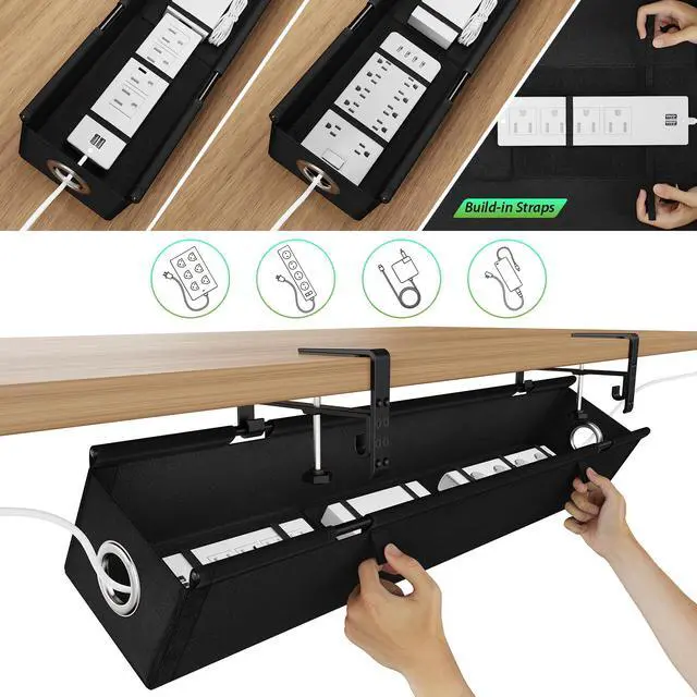 Alt view image 7 of 7 - Under Desk Cable Management Tray 36", No Drill Cord Organizer, Black | Heavy Duty, Large Capacity, 3-Level Clamp Fit 0"-2.5" Desks, Clamp/Screw Mount, for Home, Office, Gaming, Room, Studio