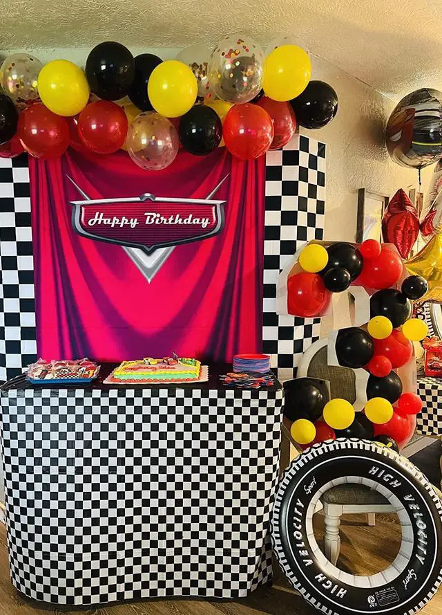 Alt view image 2 of 7 - 7x5ft Car Black White Grid Red Birthday Themed Backdrops Racing Flag Red Photo Backgrounds for Photography Happy Birthday Party Banner Photo Booth Props