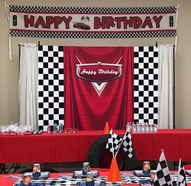 Alt view image 5 of 7 - 7x5ft Car Black White Grid Red Birthday Themed Backdrops Racing Flag Red Photo Backgrounds for Photography Happy Birthday Party Banner Photo Booth Props