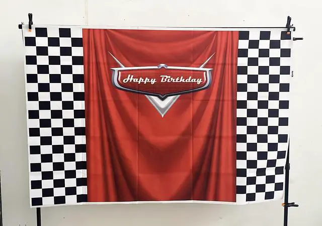 Alt view image 4 of 7 - 7x5ft Car Black White Grid Red Birthday Themed Backdrops Racing Flag Red Photo Backgrounds for Photography Happy Birthday Party Banner Photo Booth Props