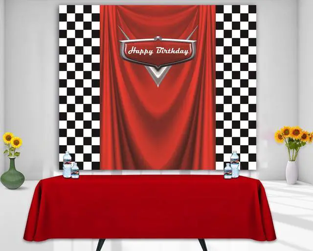 Alt view image 6 of 7 - 7x5ft Car Black White Grid Red Birthday Themed Backdrops Racing Flag Red Photo Backgrounds for Photography Happy Birthday Party Banner Photo Booth Props