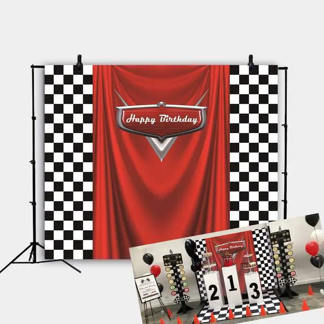 Alt view image 7 of 7 - 7x5ft Car Black White Grid Red Birthday Themed Backdrops Racing Flag Red Photo Backgrounds for Photography Happy Birthday Party Banner Photo Booth Props