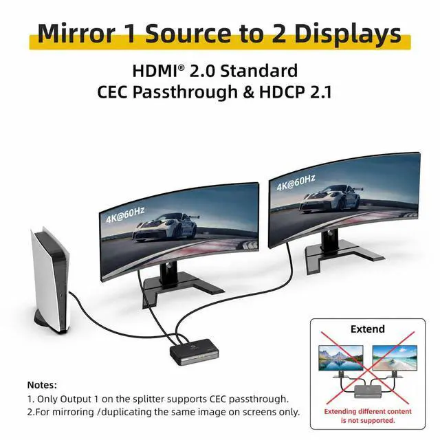 Alt view image 2 of 7 - 4K HDMI Splitter 1 in 2 Out (Mirror Only) HDMI 2.0 4K@60Hz, 1080p@240Hz | Auto Downscaling, 18Gbps, HDCP 2.2, Smart Power Detection, Duplicate Screens for Dual Monitors for TV, Monitor, PS5, Xbox