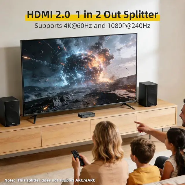 Alt view image 4 of 7 - 4K HDMI Splitter 1 in 2 Out (Mirror Only) HDMI 2.0 4K@60Hz, 1080p@240Hz | Auto Downscaling, 18Gbps, HDCP 2.2, Smart Power Detection, Duplicate Screens for Dual Monitors for TV, Monitor, PS5, Xbox