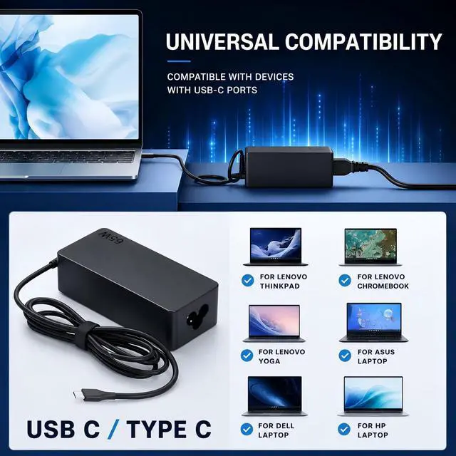 Alt view image 4 of 7 - 65W USB C Charger Compatible with Lenovo Laptop ThinkPad, IdeaPad, Yoga, ThinkBook, Chromebook, Flex, Slim, USB-C Power Delivery PD Fast Charging AC Adapter, Replacement for ADLX65YLC2A, ADLX65YCC3A