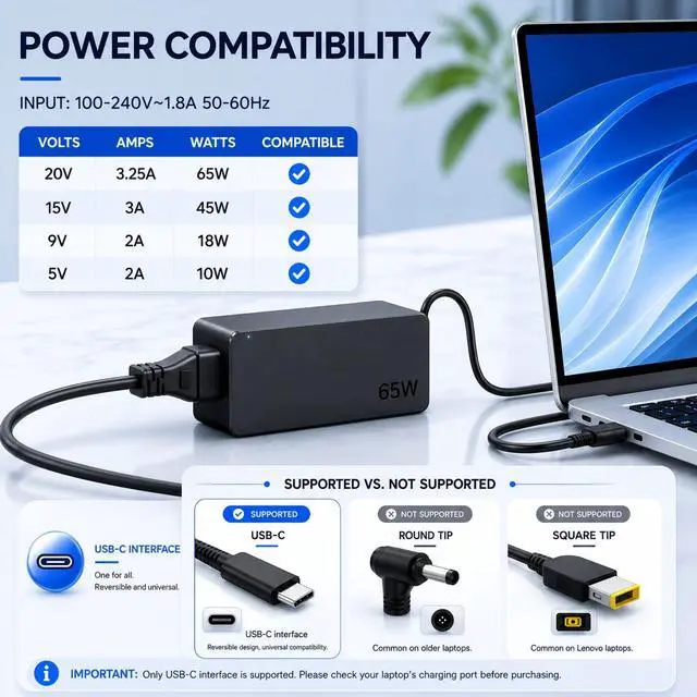 Alt view image 3 of 7 - 65W USB C Charger Compatible with Lenovo Laptop ThinkPad, IdeaPad, Yoga, ThinkBook, Chromebook, Flex, Slim, USB-C Power Delivery PD Fast Charging AC Adapter, Replacement for ADLX65YLC2A, ADLX65YCC3A