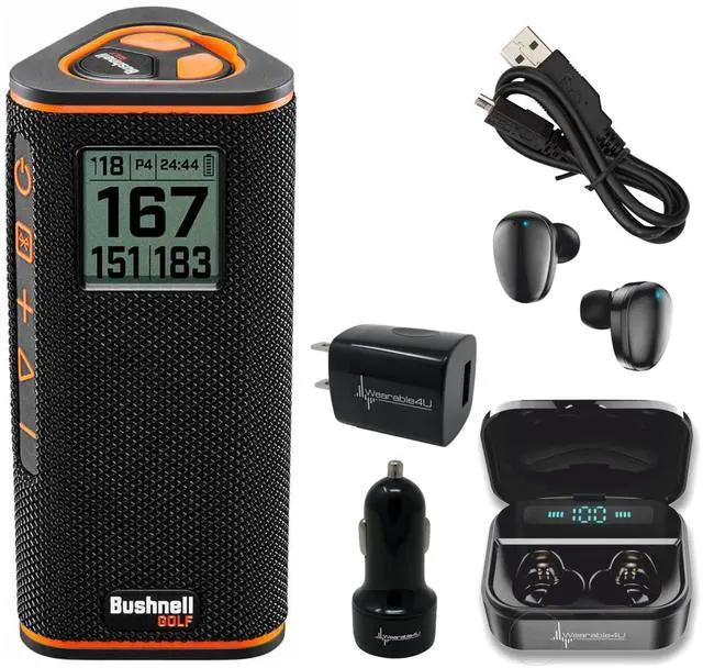 Main image of Bushnell Wingman View Golf GPS Bluetooth Speaker with Ultimate Black Earbuds and Wall and Car Chargers Bundle, 7.3x3.2x3.1in