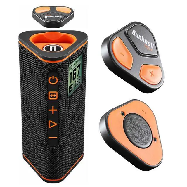 Alt view image 2 of 6 - Bushnell Wingman View Golf GPS Bluetooth Speaker with Ultimate Black Earbuds and Wall and Car Chargers Bundle, 7.3x3.2x3.1in