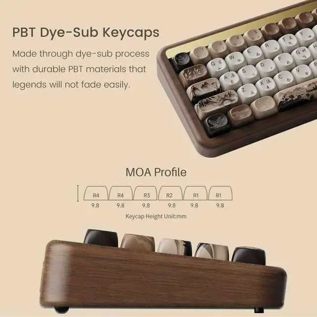 Alt view image 2 of 7 - Mechanical Gaming Keyboard with Walnut Wooden Case, MU01 Mountain Seclusion 65% 68-Key RGB 2.4G Wireless/Bluetooth/Wired Hot-swappable Keyboard with PBT Dye-Sub Keycaps for Mac & Win