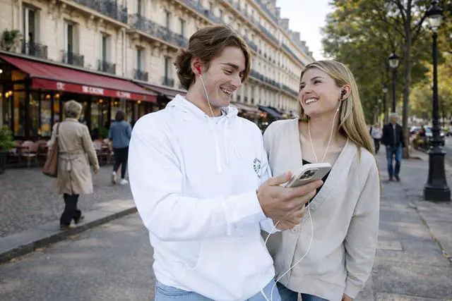 Alt view image 3 of 7 - Two-Person USB-C Earbuds for Couples | Dual Headphones with Individual Volume Control & Microphones | Share Music, Movies & Audiobooks Together | Includes Travel Pouch