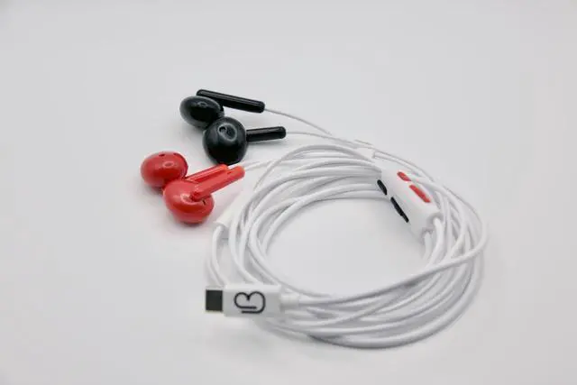 Alt view image 7 of 7 - Two-Person USB-C Earbuds for Couples | Dual Headphones with Individual Volume Control & Microphones | Share Music, Movies & Audiobooks Together | Includes Travel Pouch