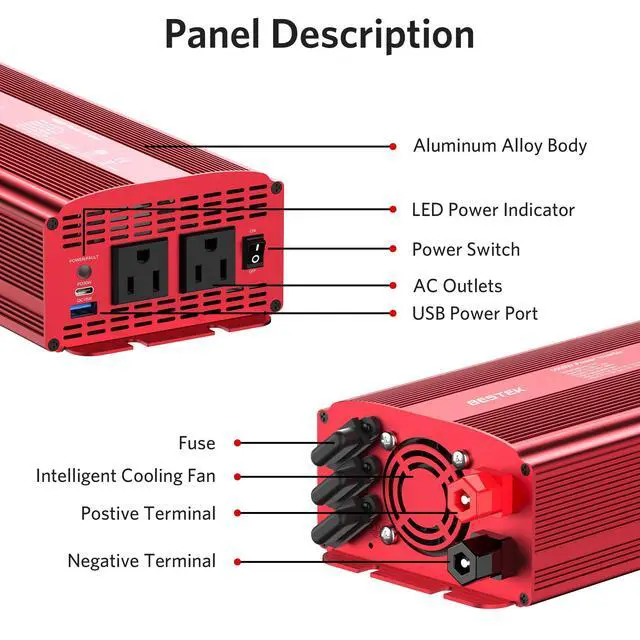 Alt view image 7 of 7 - 1000W Power Inverter for Vehicles DC 12V to AC 110V Inverter | 2 AC Outlets/PD 30W USB-C Port/18W USB A Quick Charge Port/Multi-Protection/Car Charger Adapter for Car/RV/Truck/Home