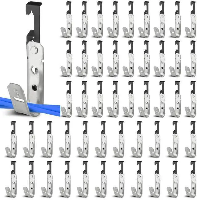 Main image of 50 Pcs Metal J Hooks Cable Support 3/4 Inch j Hook Hangers | Wall Mounted Galvanized Cable Support J Hooks for Hanging, J Hook With Bat Wing for Wire Management