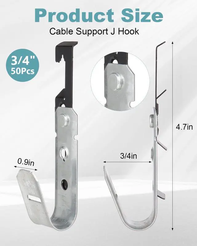 Alt view image 2 of 7 - 50 Pcs Metal J Hooks Cable Support 3/4 Inch j Hook Hangers | Wall Mounted Galvanized Cable Support J Hooks for Hanging, J Hook With Bat Wing for Wire Management