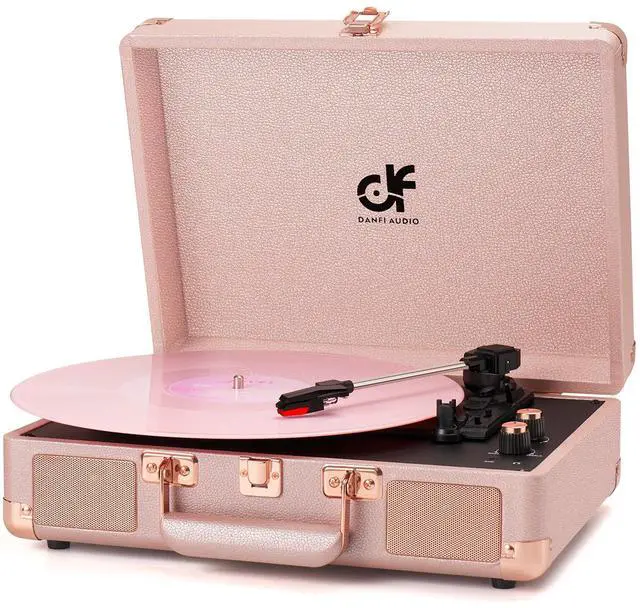 Main image of Vinyl Record Player 3-Speed Portable Suitcase Record Player with Built-in Speakers, 3.5mm Headphone Jack, RCA-Out/Aux in, Vintage Belt-Driven Turntable,Pink Rose Gold