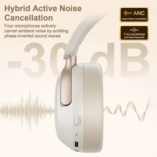 Alt view image 2 of 7 - QC30 Hybrid Active Noise Cancelling Headphones,Over-Ear Wireless Bluetooth,Beige Protein Leather, Active Noise Control & Transparency Mode,Deep Bass, Built-in Mic