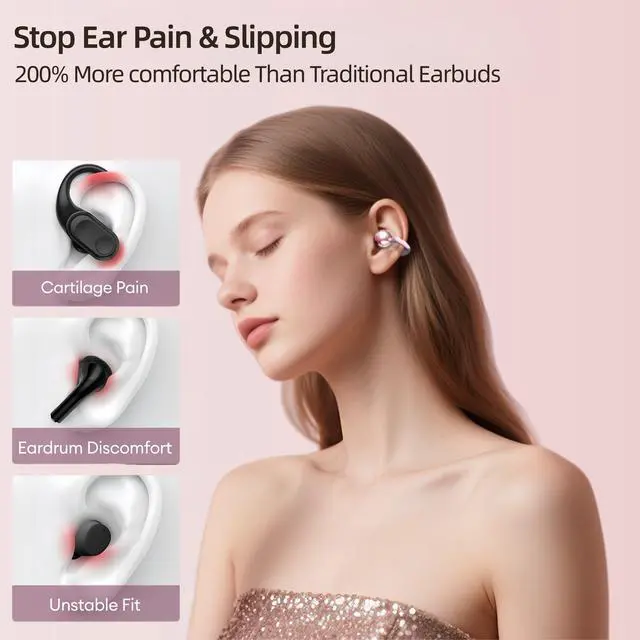 Alt view image 4 of 7 - 3rd Gen Clip On Earbuds, Open Ear Bluetooth 6.0 Wireless Headphones with Mic, Freeclip Secure Fit for Small Ears and Glasses,Running Ear Buds for Work Out,50H Playtime, ENC, IPX7 Waterproof,Pink