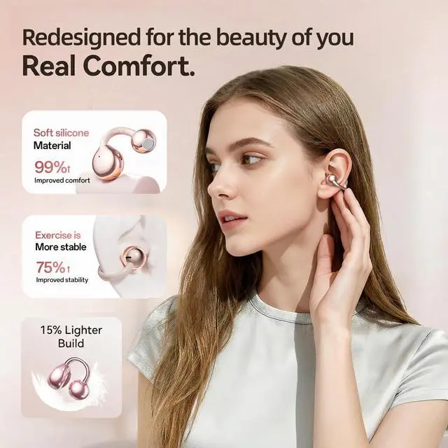 Alt view image 5 of 7 - 3rd Gen Clip On Earbuds, Open Ear Bluetooth 6.0 Wireless Headphones with Mic, Freeclip Secure Fit for Small Ears and Glasses,Running Ear Buds for Work Out,50H Playtime, ENC, IPX7 Waterproof,Pink
