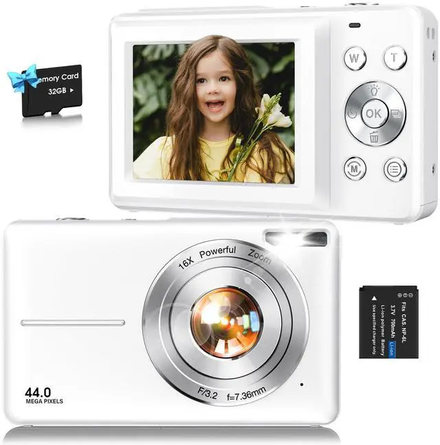 Main image of Digital Camera,1080P Kids Camera 44MP Point and Shoot Digital Cameras | 16X Zoom,Anti-Shake,32GB Card,Date Stamp,Compact Small Cameras Photography for Kids Student Teen Girl Boy(White)