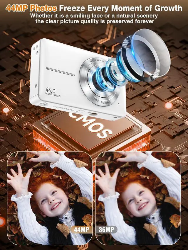 Alt view image 2 of 7 - Digital Camera,1080P Kids Camera 44MP Point and Shoot Digital Cameras | 16X Zoom,Anti-Shake,32GB Card,Date Stamp,Compact Small Cameras Photography for Kids Student Teen Girl Boy(White)