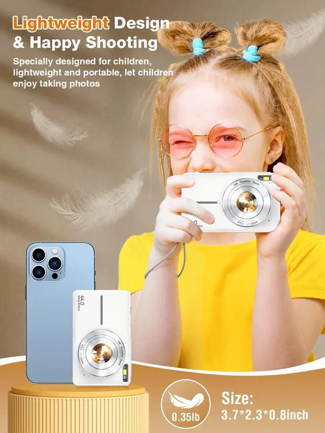 Alt view image 5 of 7 - Digital Camera,1080P Kids Camera 44MP Point and Shoot Digital Cameras | 16X Zoom,Anti-Shake,32GB Card,Date Stamp,Compact Small Cameras Photography for Kids Student Teen Girl Boy(White)