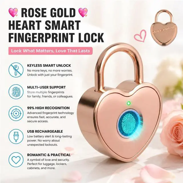 Alt view image 2 of 7 - Fingerprint Padlock for Gym Locker, Heart Shaped, Rose Gold | Rechargeable Cute Smart Lock,10-Fingerprint Memory, Ideal Gift for Jewelry Boxes, Cosmetic Cases, Suitcases, Travel, School
