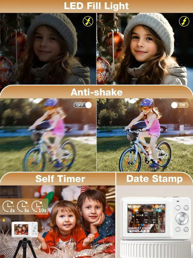 Alt view image 7 of 7 - Digital Camera,1080P Kids Camera 44MP Point and Shoot Digital Cameras | 16X Zoom,Anti-Shake,32GB Card,Date Stamp,Compact Small Cameras Photography for Kids Student Teen Girl Boy(White)